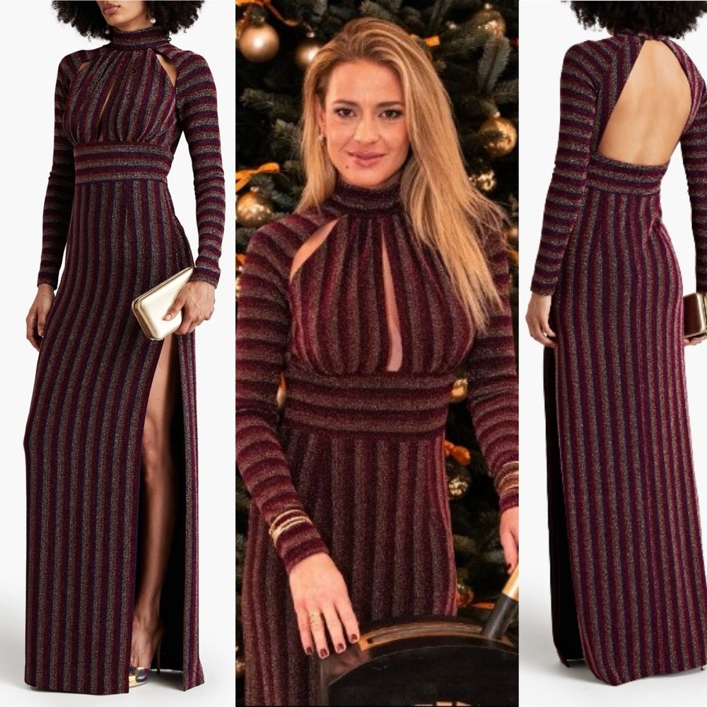 Rebecca Vallance $805 AISHA Shimmer Striped Open Back Cocktail Dress US2